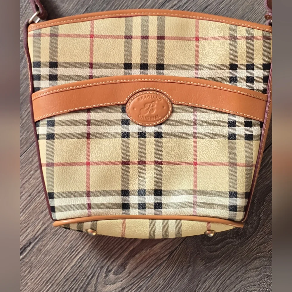 Beige Plaid Crossbody Bag – Braciano Leather Trim British-Inspired Preppy Style - Picture 13 of 13